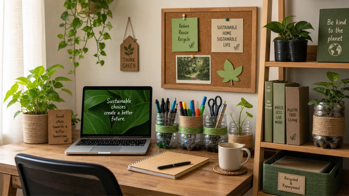 a neatly organized sustainable home workspace with repurposed plastic bottle organizers and…