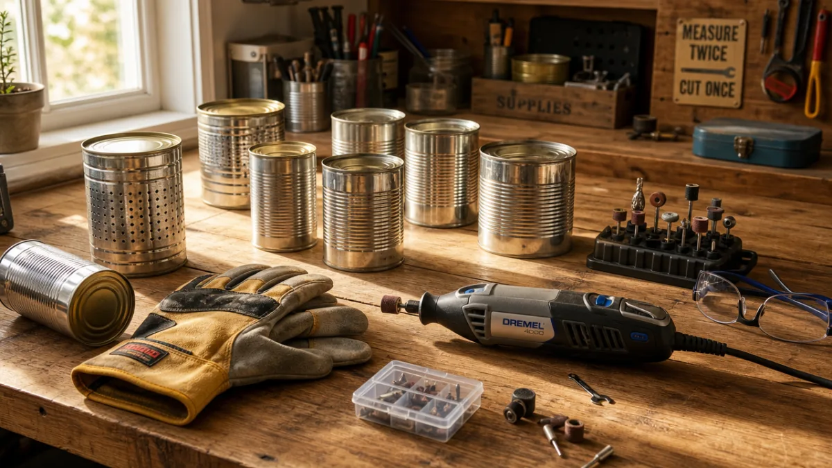 a well-lit wooden workshop table covered with tin cans, rotary tools, and…