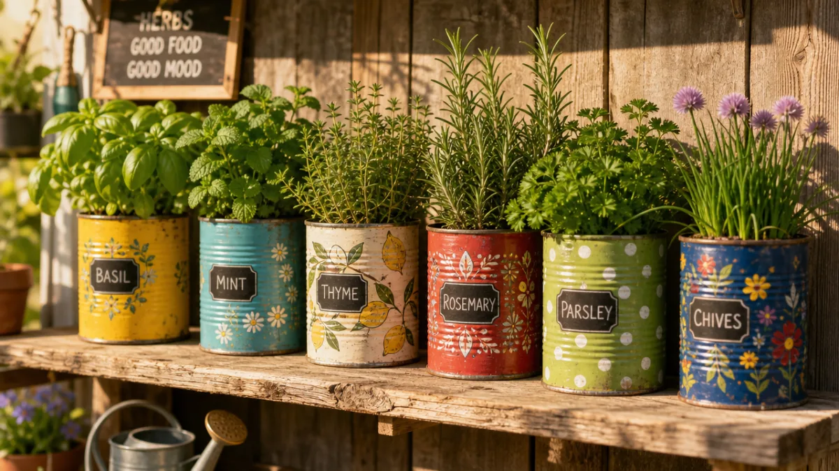 a collection of colorfully painted tin can planters filled with herbs on…