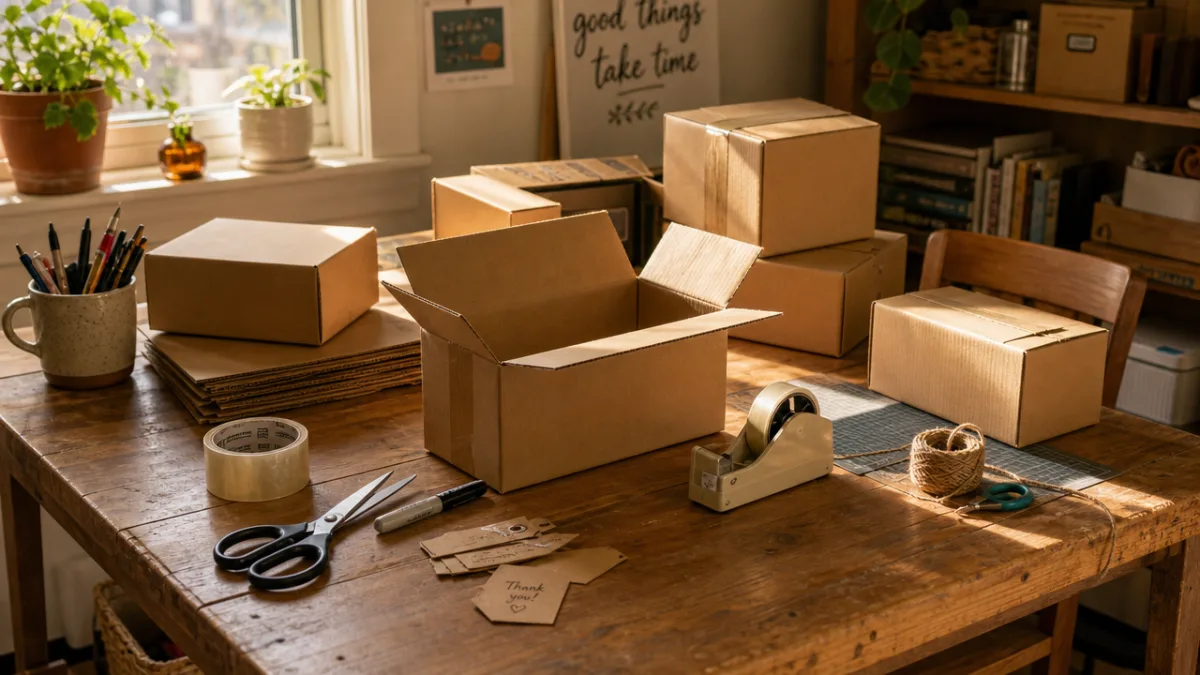 a wooden craft table covered with cardboard boxes, scissors, and tape in…
