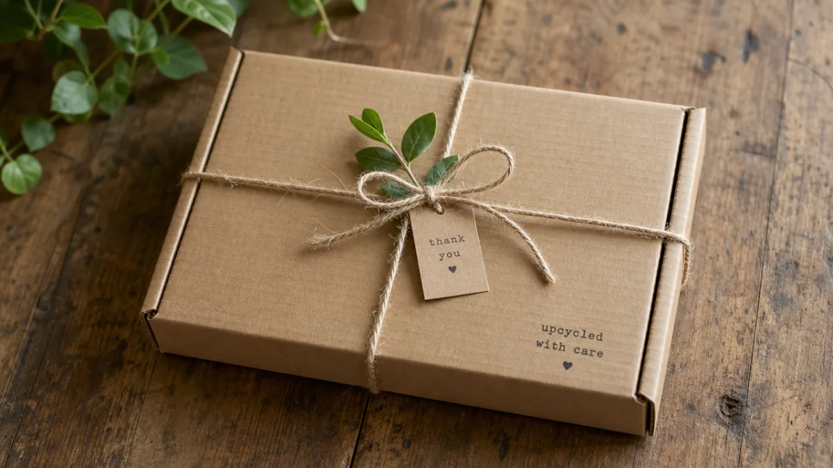 a neatly wrapped upcycled cardboard mailer tied with twine on a rustic…