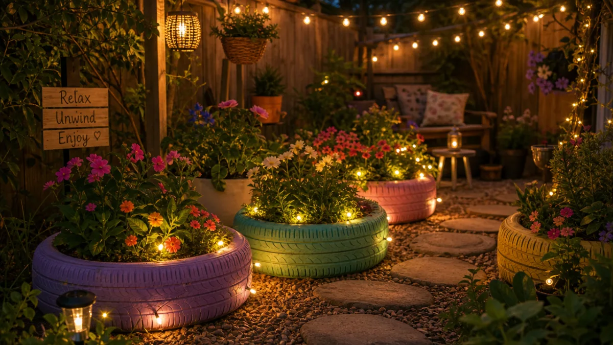 a cozy evening garden with softly lit tire planters surrounded by string…