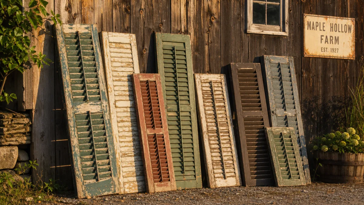 a collection of weathered wooden shutters leaning against a rustic barn wall,…