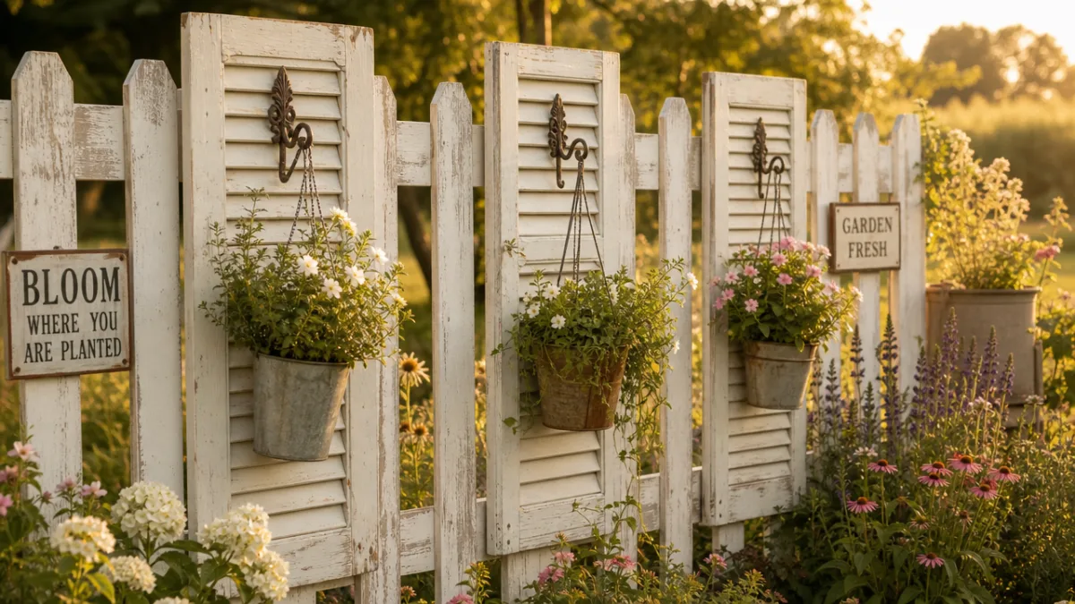 a farmhouse garden fence with mounted vintage shutters painted in soft white,…
