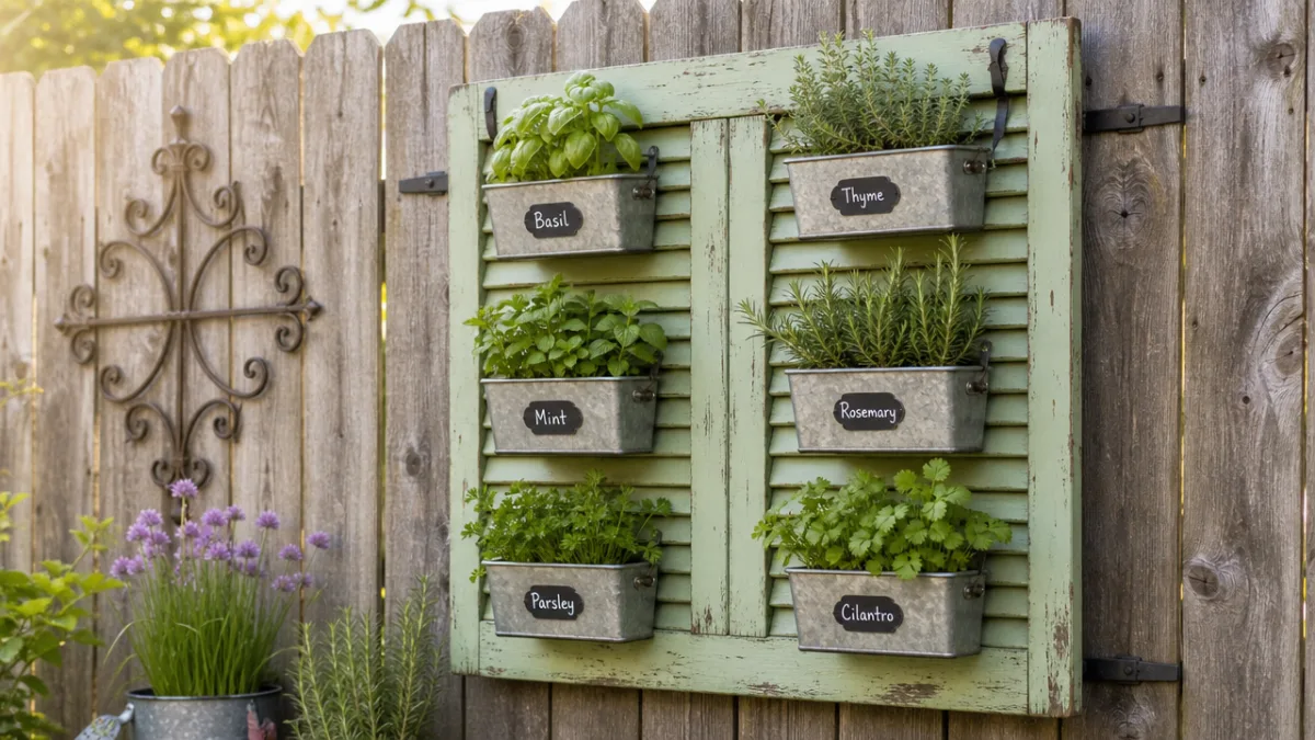 a DIY vertical garden shutter mounted on a weathered wooden fence with…