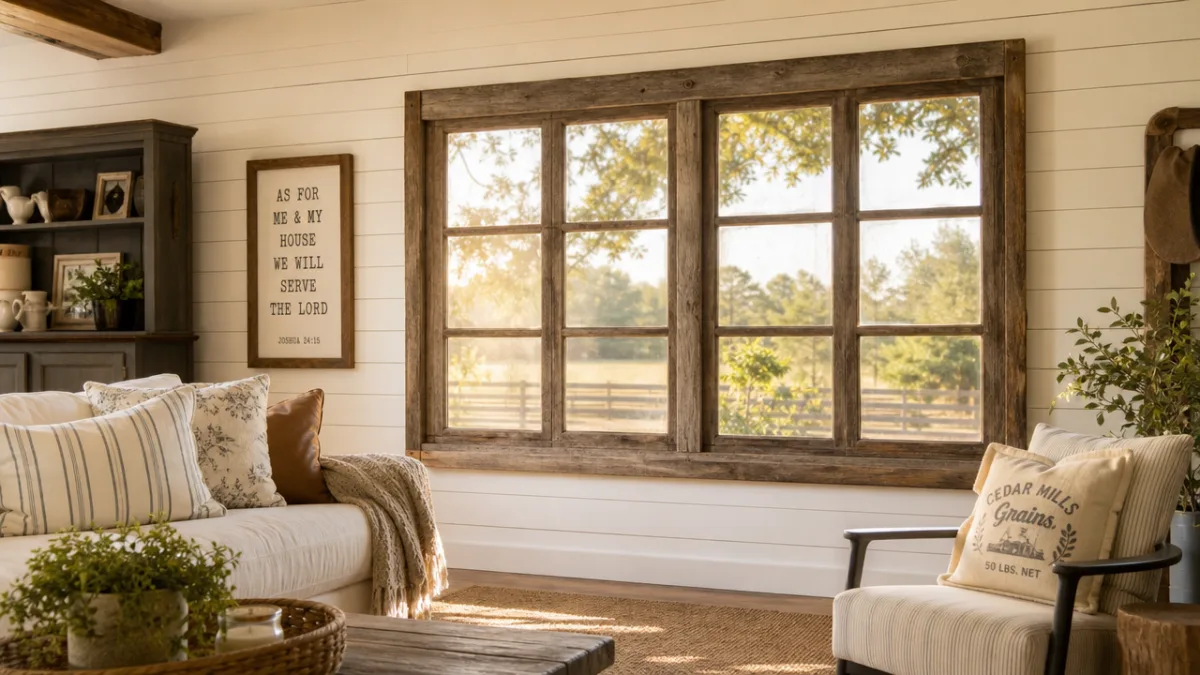 a sunlit farmhouse living room with a large reclaimed barn window mounted…