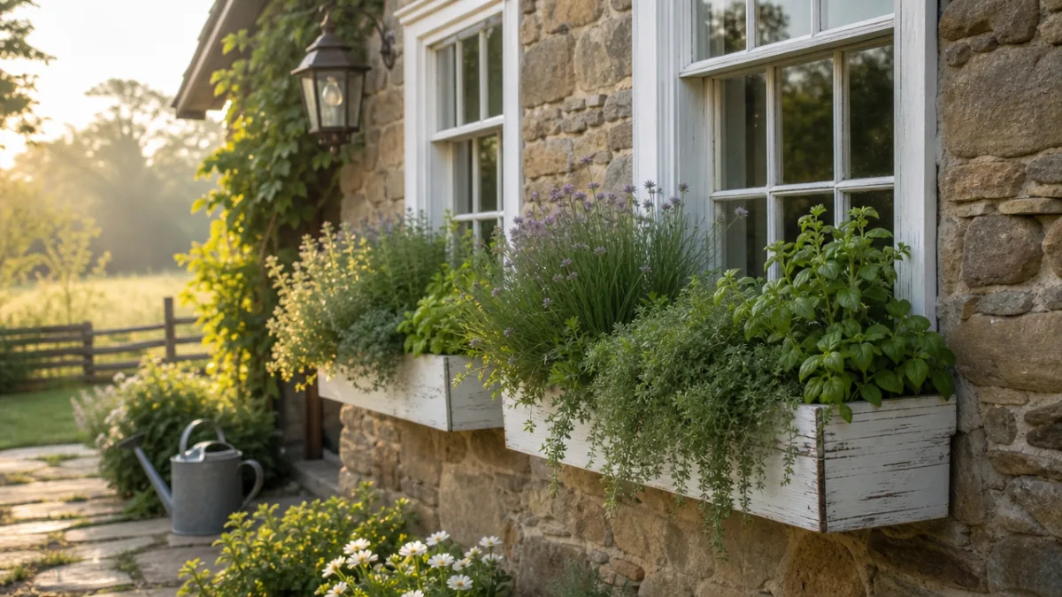 a rustic farmhouse exterior with white-painted windows and overflowing herb window boxes,…