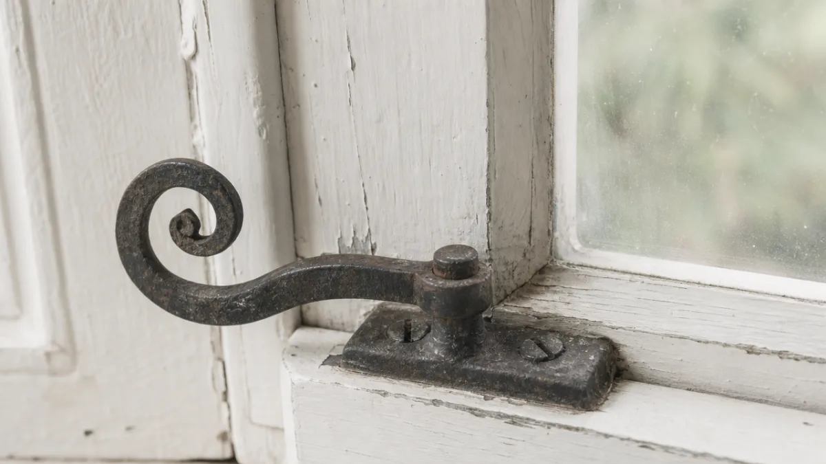 a close-up of aged wrought iron window hardware on a white-painted wood…