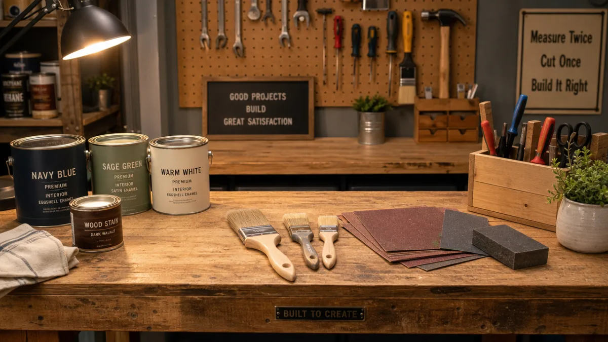 a neatly arranged DIY workspace with paint cans, brushes, and sandpaper on…