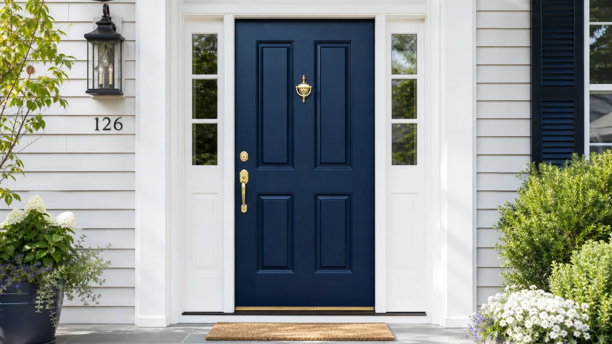 a freshly painted navy blue front door with brass hardware and white…