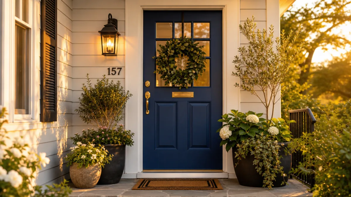 a welcoming front entryway with a bold painted door, flanked by potted…