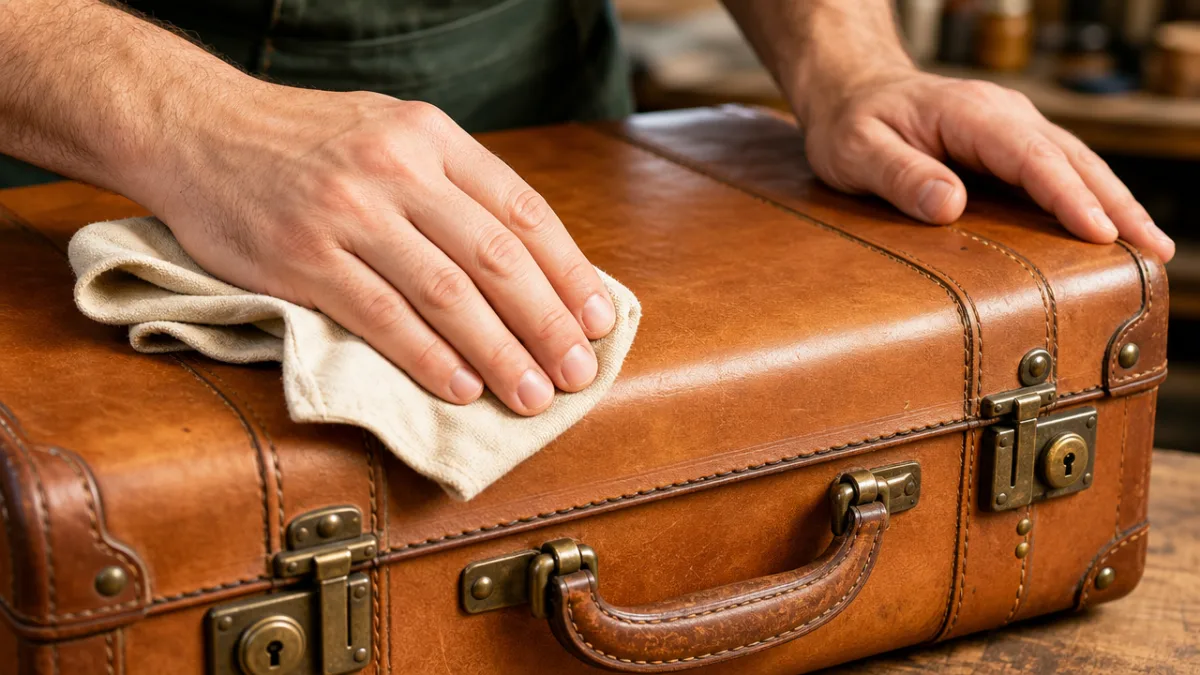 close-up of hands cleaning a tan leather vintage suitcase with a soft…