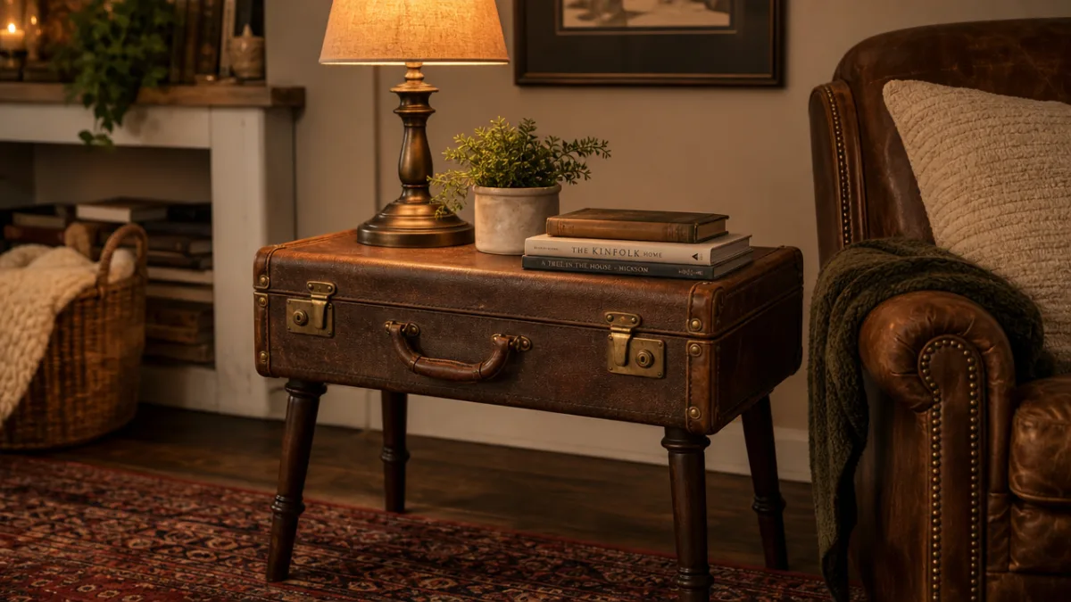a finished vintage suitcase side table styled with a lamp and books…