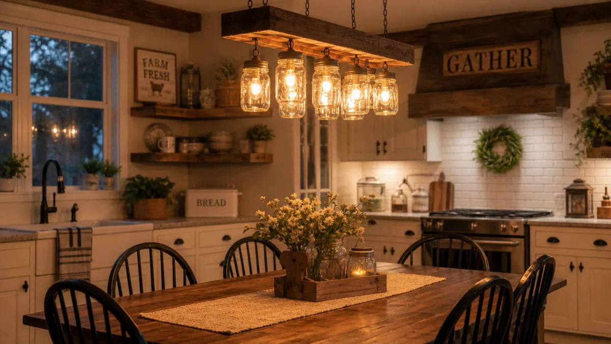 a rustic farmhouse kitchen with mason jar chandelier glowing warm amber light…