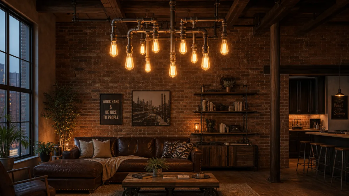 an industrial loft interior with a pipe chandelier and Edison bulbs casting…