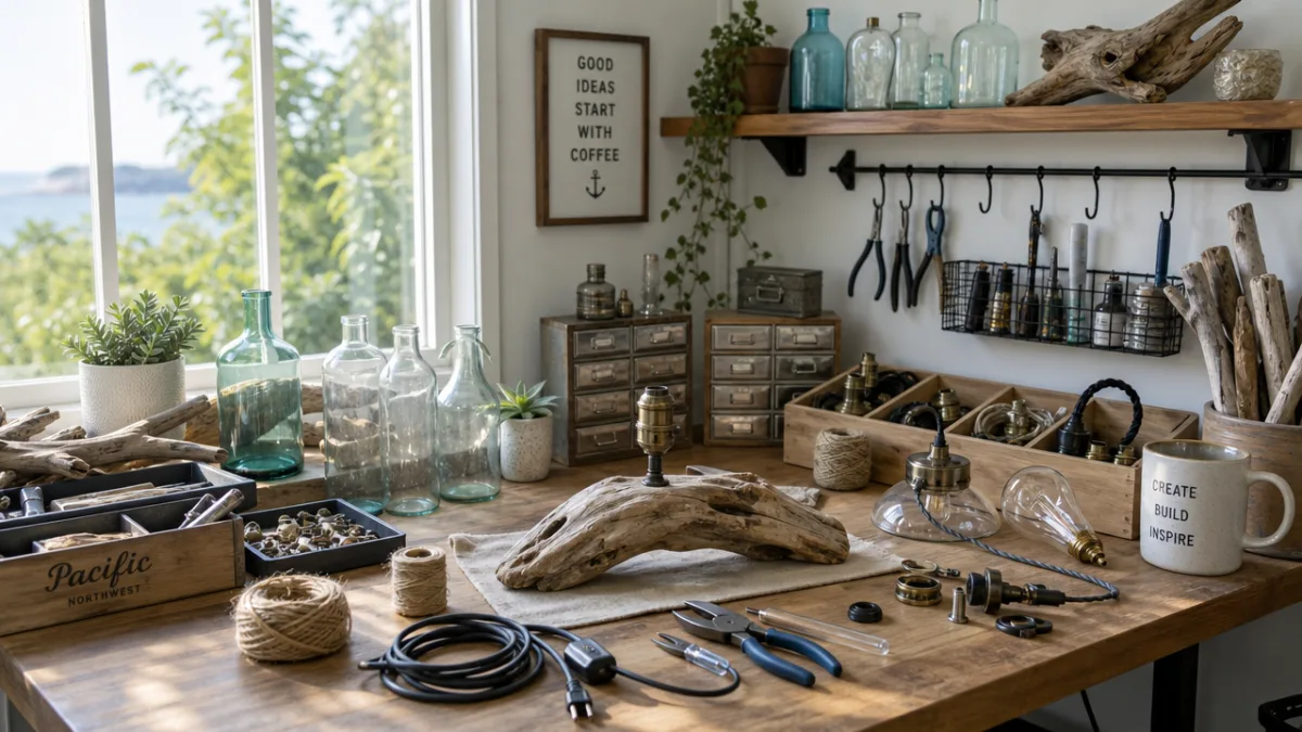 a well-lit crafting workspace with tools, glass bottles, lamp kits and driftwood…