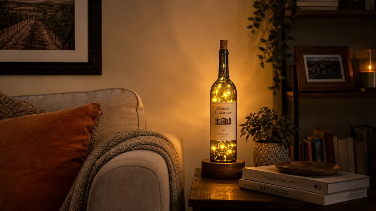 a cozy living room corner with a glowing wine bottle lamp on…