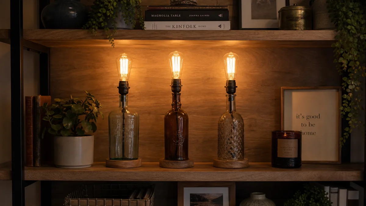 a styled open wooden shelf displaying three bottle lamps with Edison bulbs,…