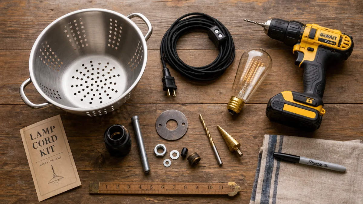 a flat lay of lamp-making supplies including a stainless steel colander, cord…