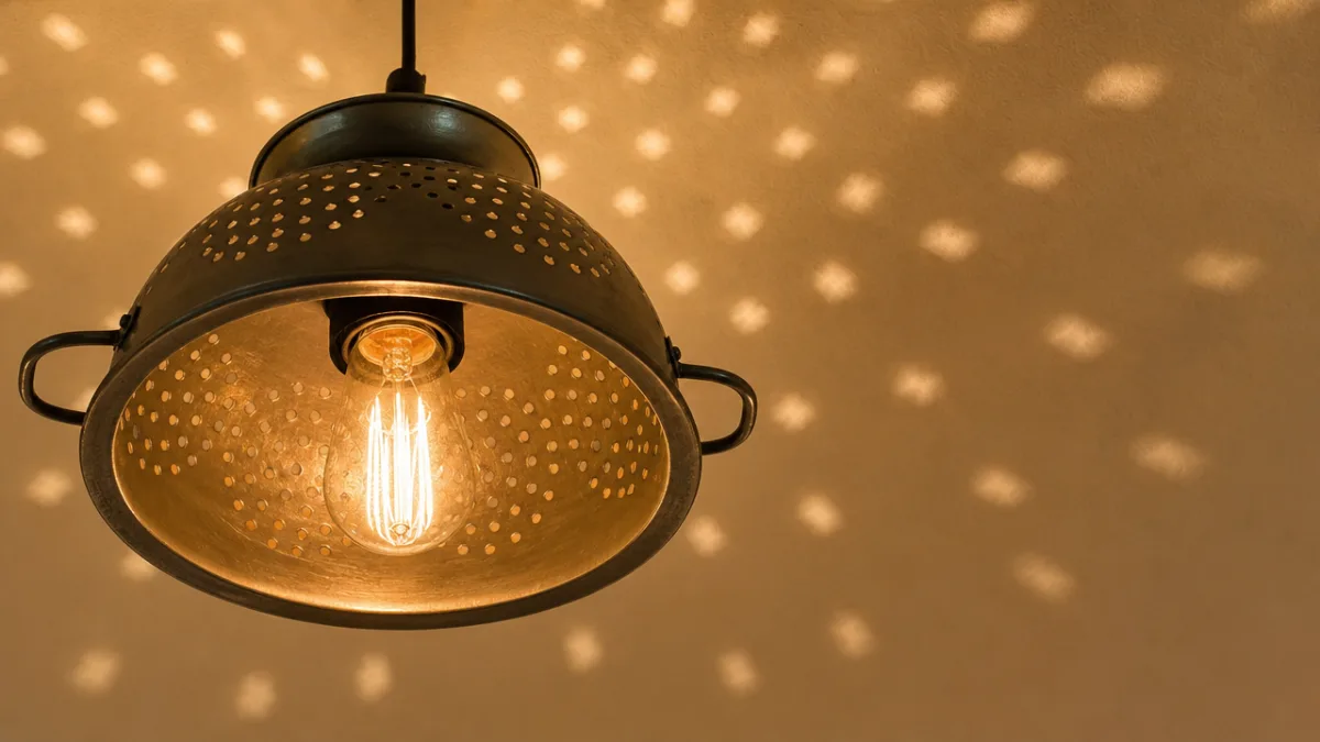 close-up of a finished colander pendant lamp interior showing the Edison bulb…