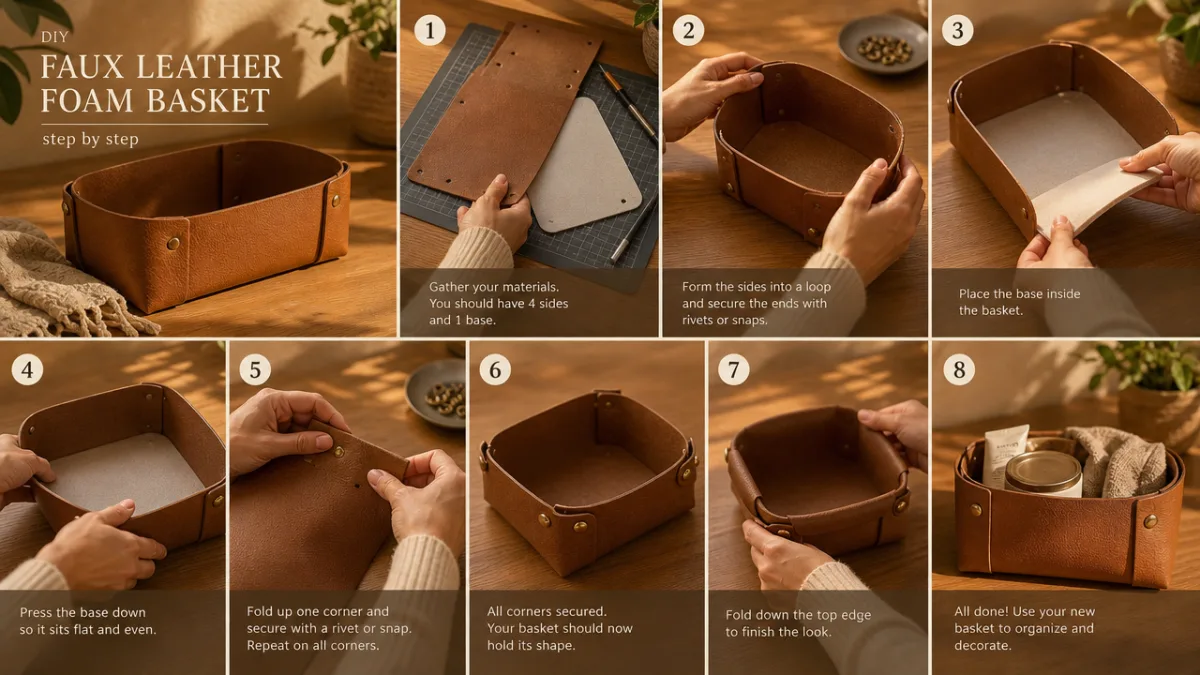 hands assembling a faux leather foam basket on a craft table, warm…