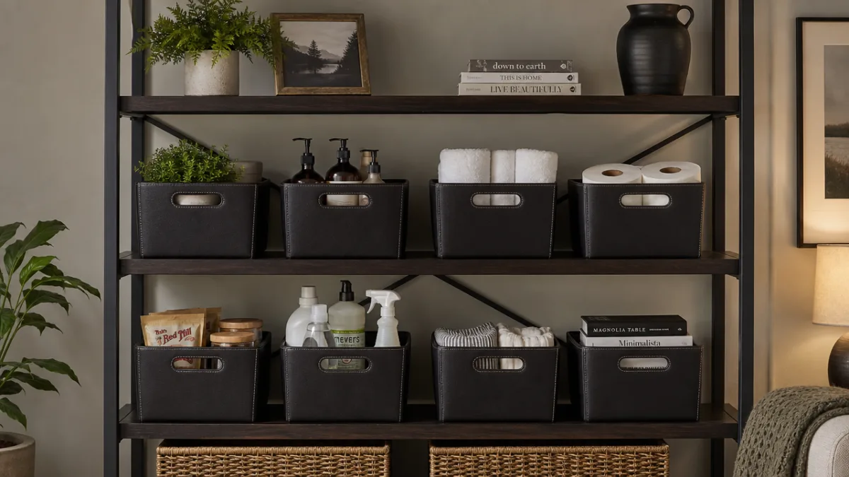 organized open shelf with matching dark faux leather baskets holding household items,…