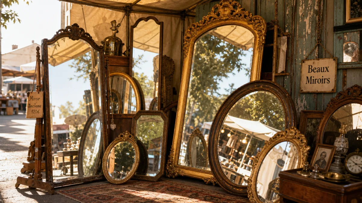 a sunlit flea market stall filled with vintage mirrors of various shapes…