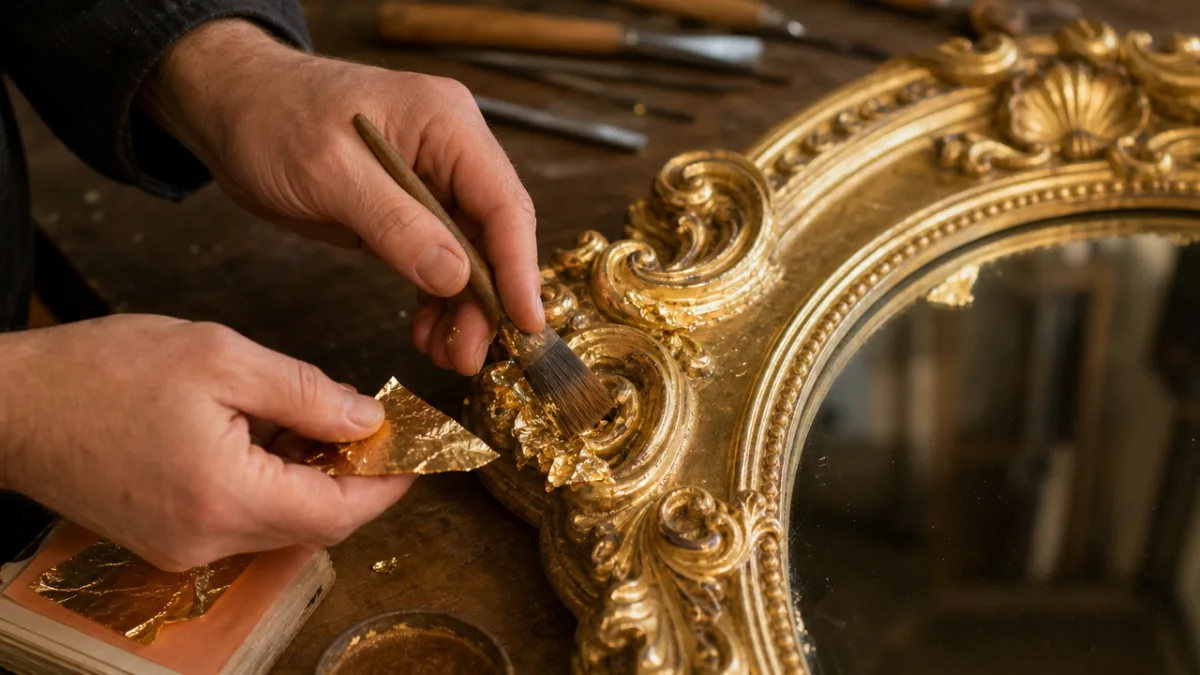a close-up of hands applying gold leaf to an ornate mirror frame…