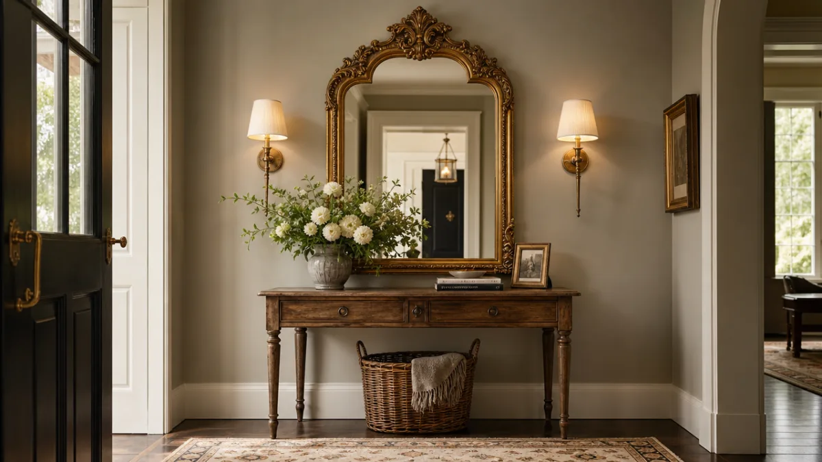 a beautifully styled entryway featuring a refinished ornate mirror above a console…