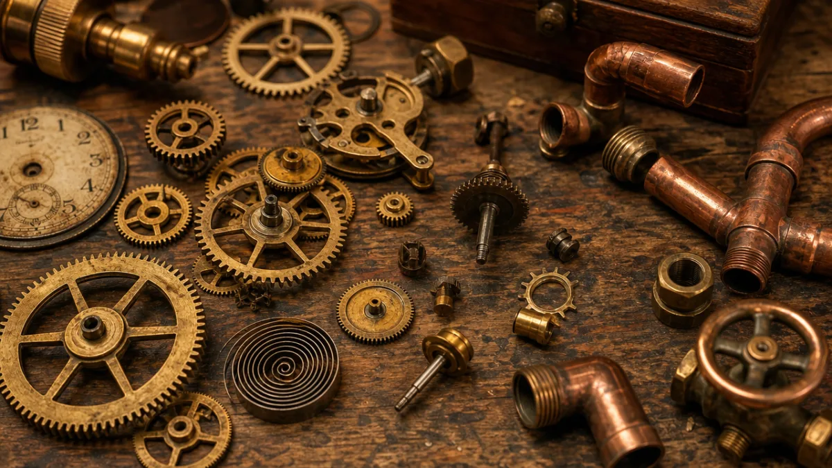 a close-up of scattered vintage brass gears, clock parts, and copper pipe…