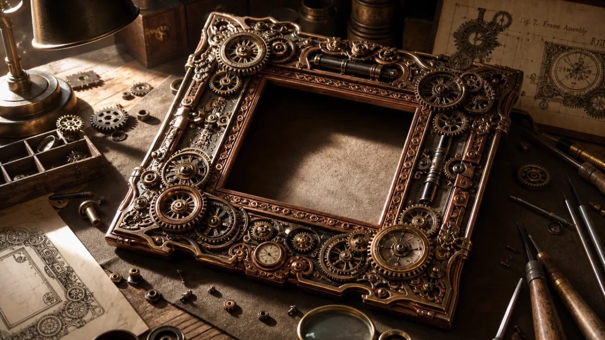 a richly detailed steampunk picture frame being assembled on a craft table,…