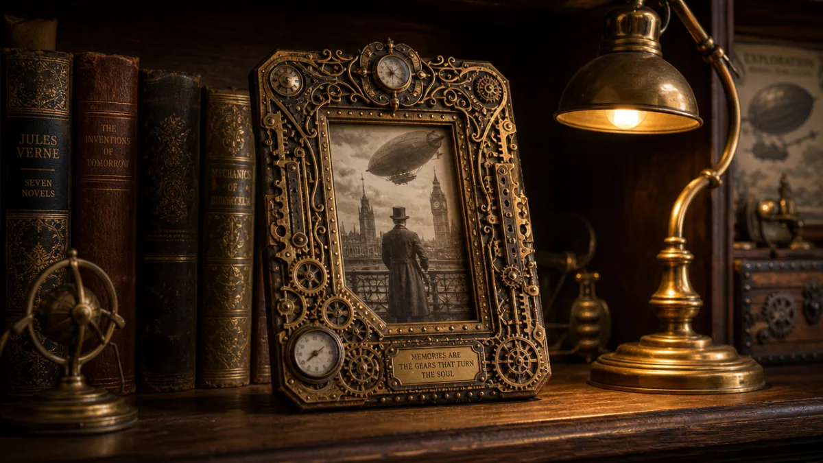 a richly decorated steampunk photo frame displayed on a dark wood shelf…