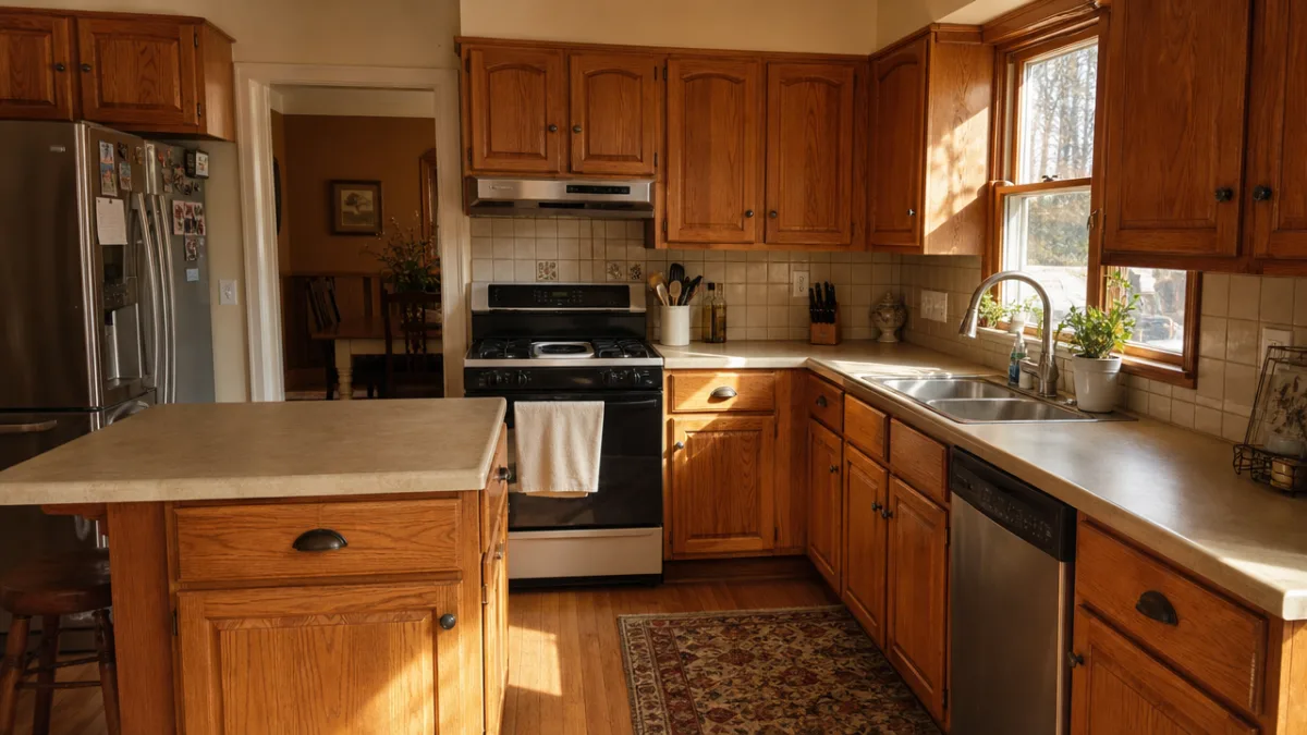 a kitchen with warm orange oak wood cabinets before renovation, natural window…