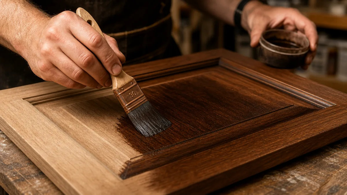 a close-up of hands applying dark wash to wood cabinet door with…