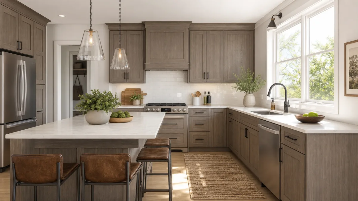 a renovated kitchen with gray-brown washed wood cabinets, modern hardware, and bright…