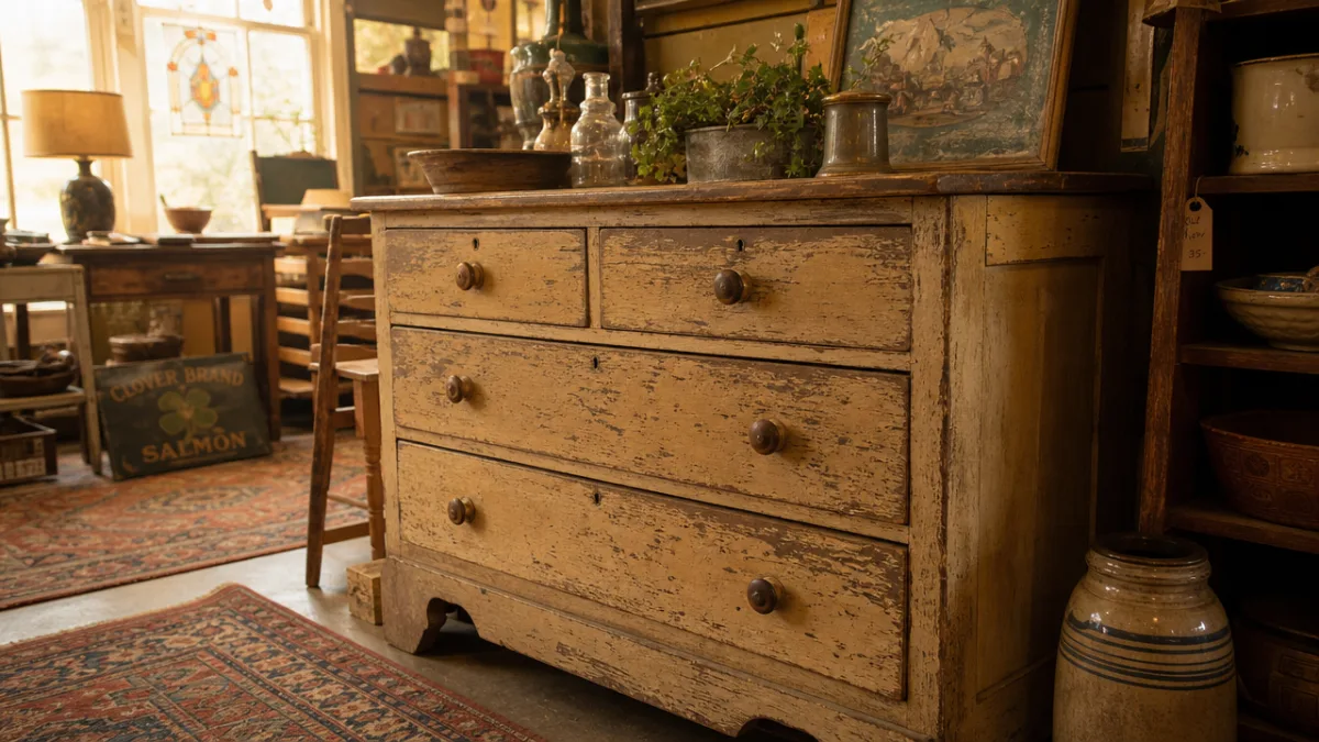 a weathered vintage wooden dresser in a warm, softly lit thrift store…