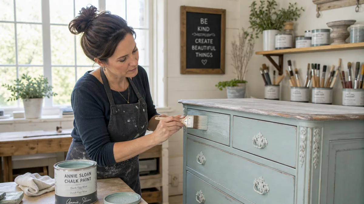 an artisan carefully applying chalk paint to a vintage dresser in a…