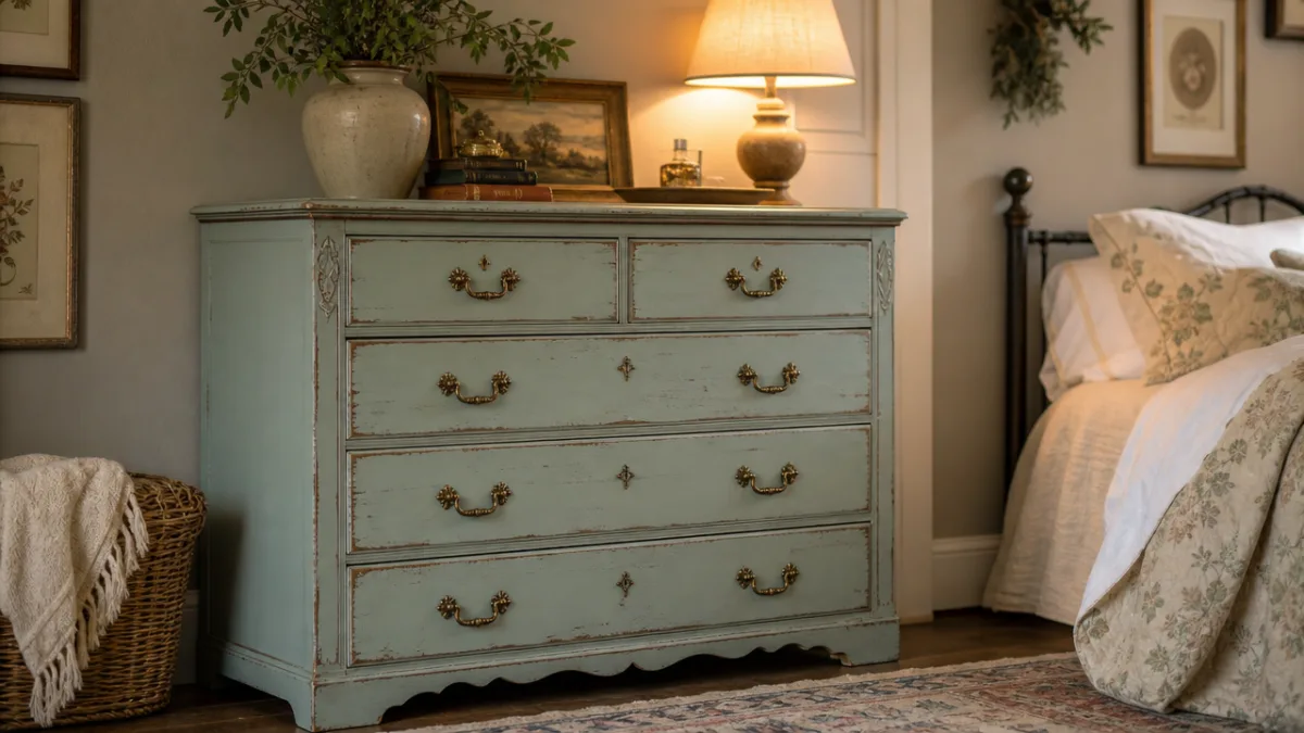 a beautifully distressed vintage dresser with fresh paint, antique brass hardware, styled…