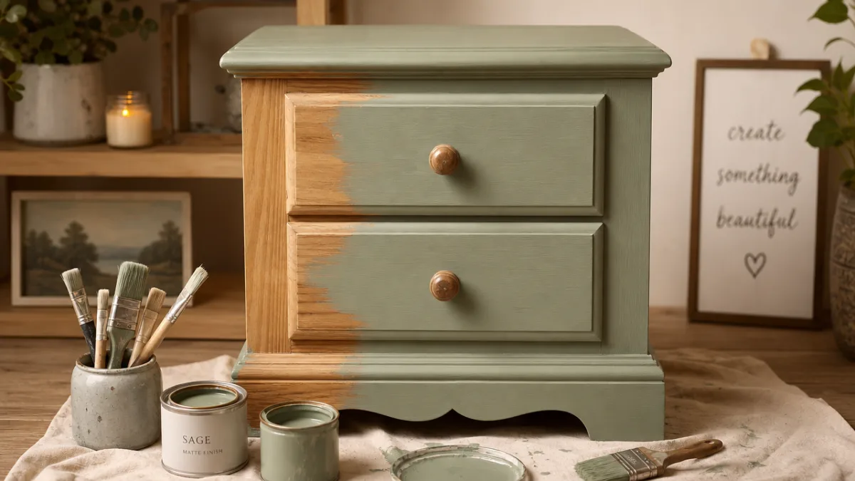 a wooden nightstand being painted in soft sage green, warm studio lighting…