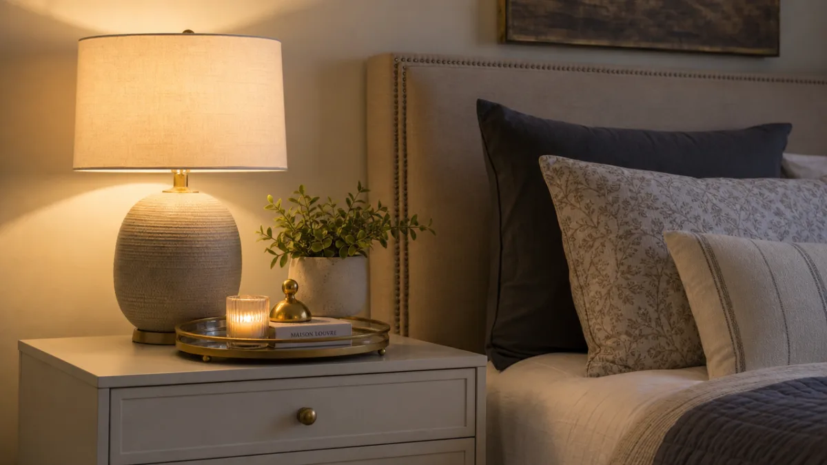 a beautifully styled nightstand with lamp, small plant, and decorative tray, soft…