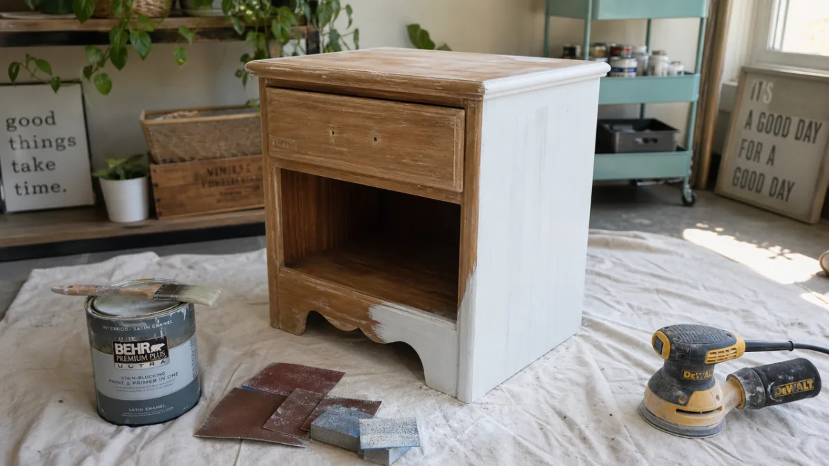 a thrift store wooden nightstand mid-transformation with sandpaper and paint supplies on…