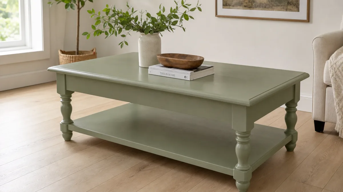 a freshly painted sage green coffee table on a light wood floor,…