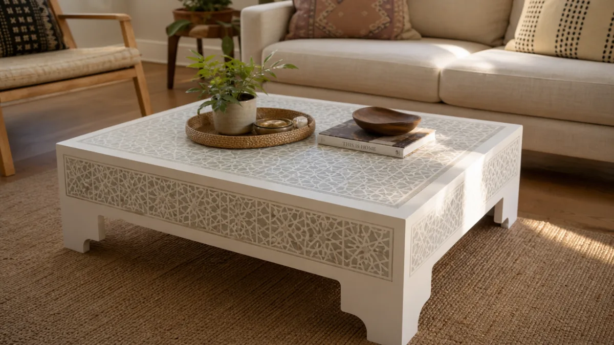 a white coffee table with intricate geometric stencil pattern, photographed in a…