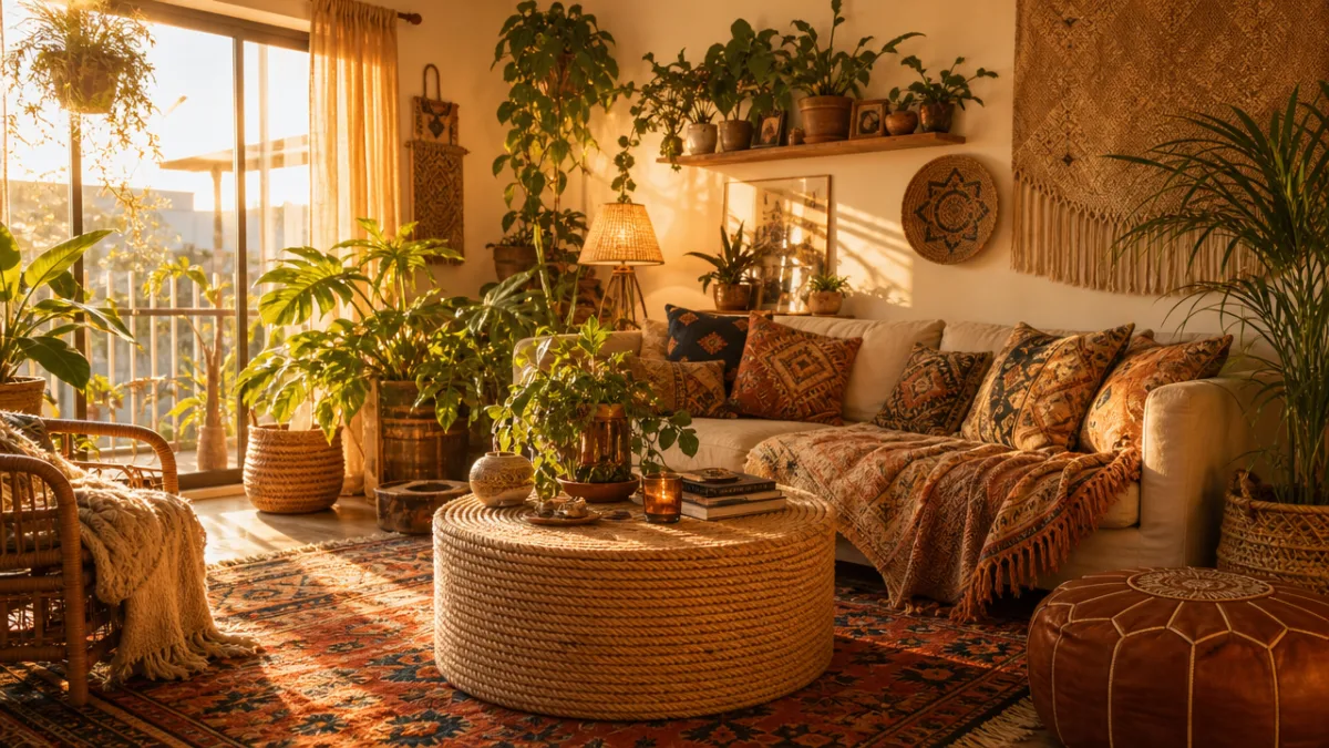 a bohemian living room with a rope-wrapped coffee table surrounded by plants…