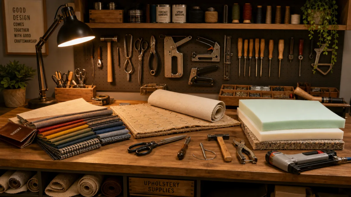 a neatly arranged workbench with upholstery tools, fabric swatches, and foam padding…