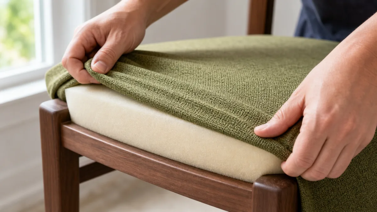 close-up of hands stretching fresh fabric over a foam-padded chair seat, bright…