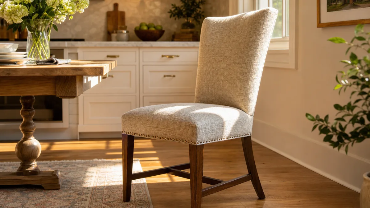 a beautifully reupholstered dining chair in a bright kitchen, warm afternoon sunlight…