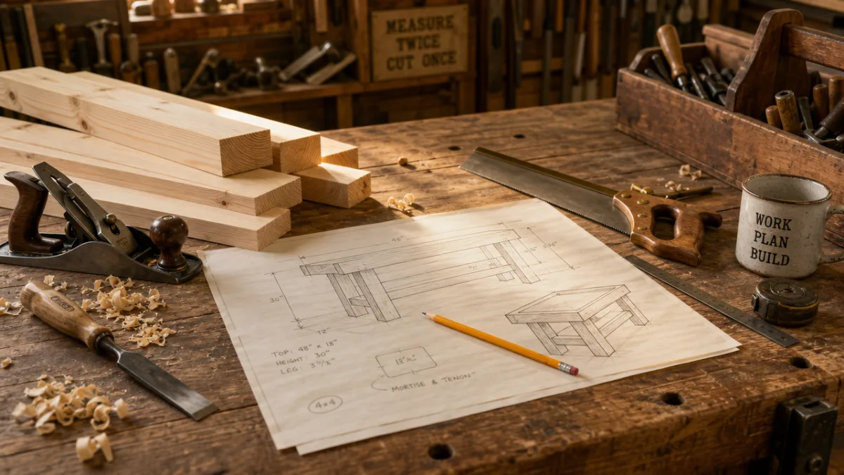 a rustic workshop workbench with pine lumber, hand tools, and a pencil…