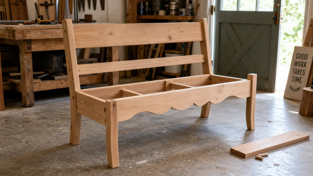 a partially assembled wooden farmhouse bench with scalloped apron on a workshop…