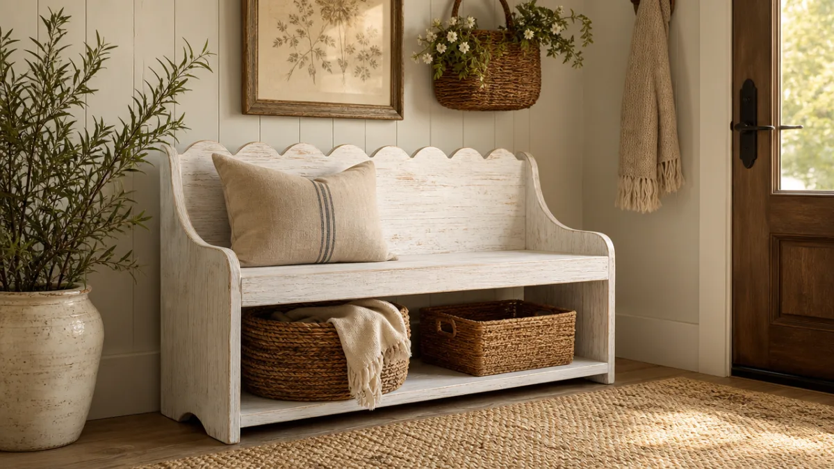 a finished whitewashed scalloped farmhouse bench styled in a cozy entryway with…